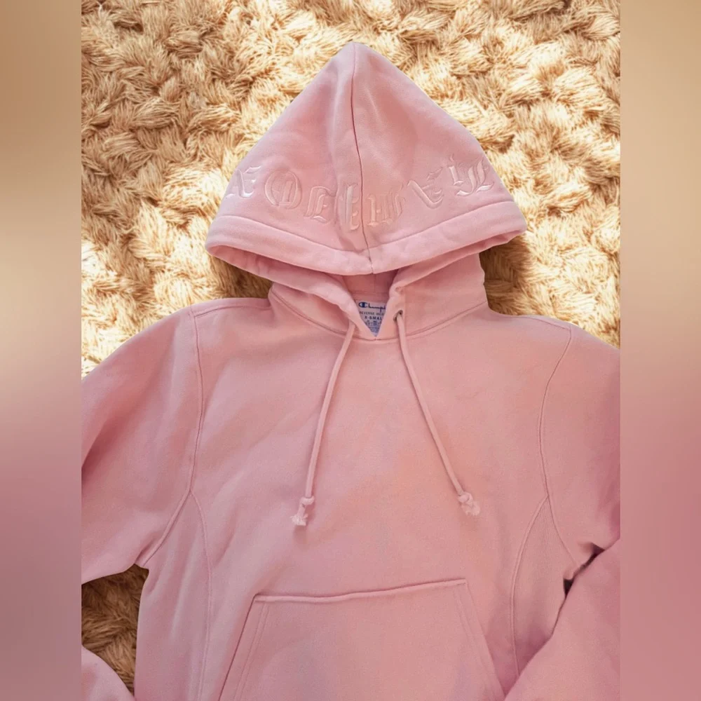 NWT Champion xUrban Outfitters RARE Reverse Weave Spell-out Logo Hoodie Lt. Pink - Picture 3 of 5